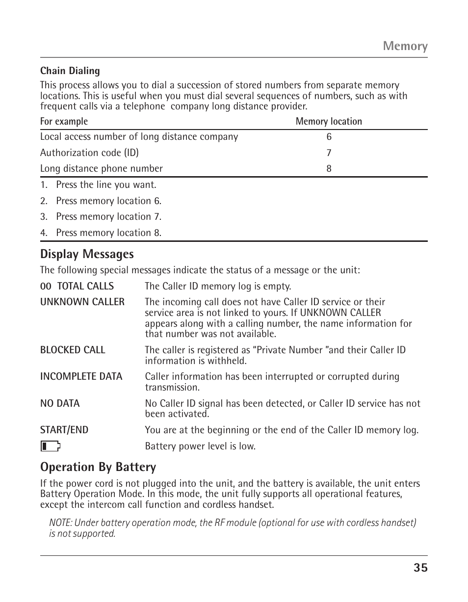 Display messages, Operation by battery | RCA 25423 User Manual | Page 35 / 44