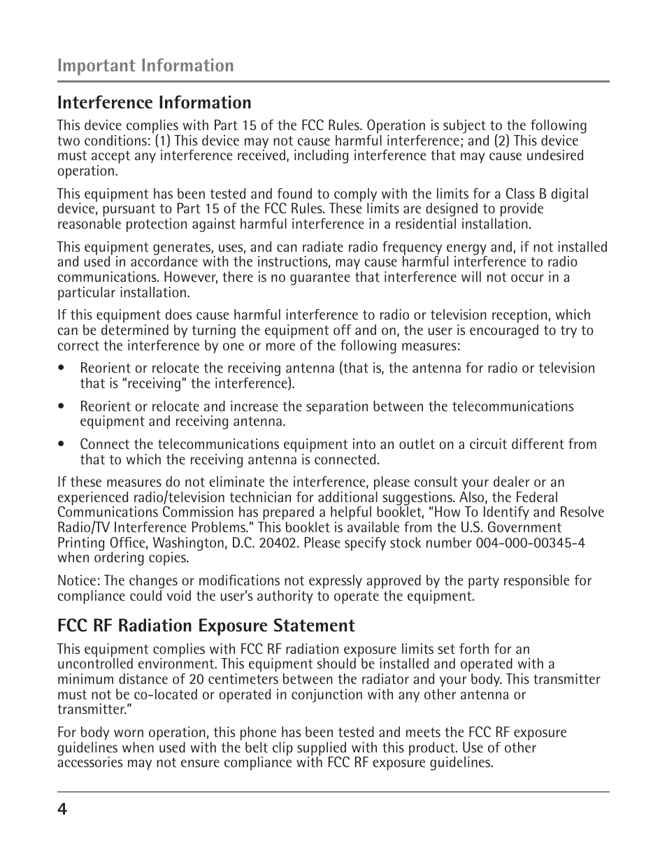 4important information interference information, Fcc rf radiation exposure statement | RCA 25423 User Manual | Page 4 / 44