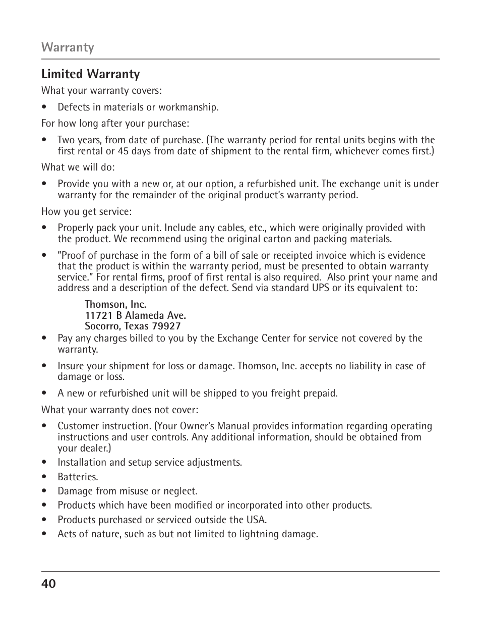 40 warranty limited warranty | RCA 25423 User Manual | Page 40 / 44