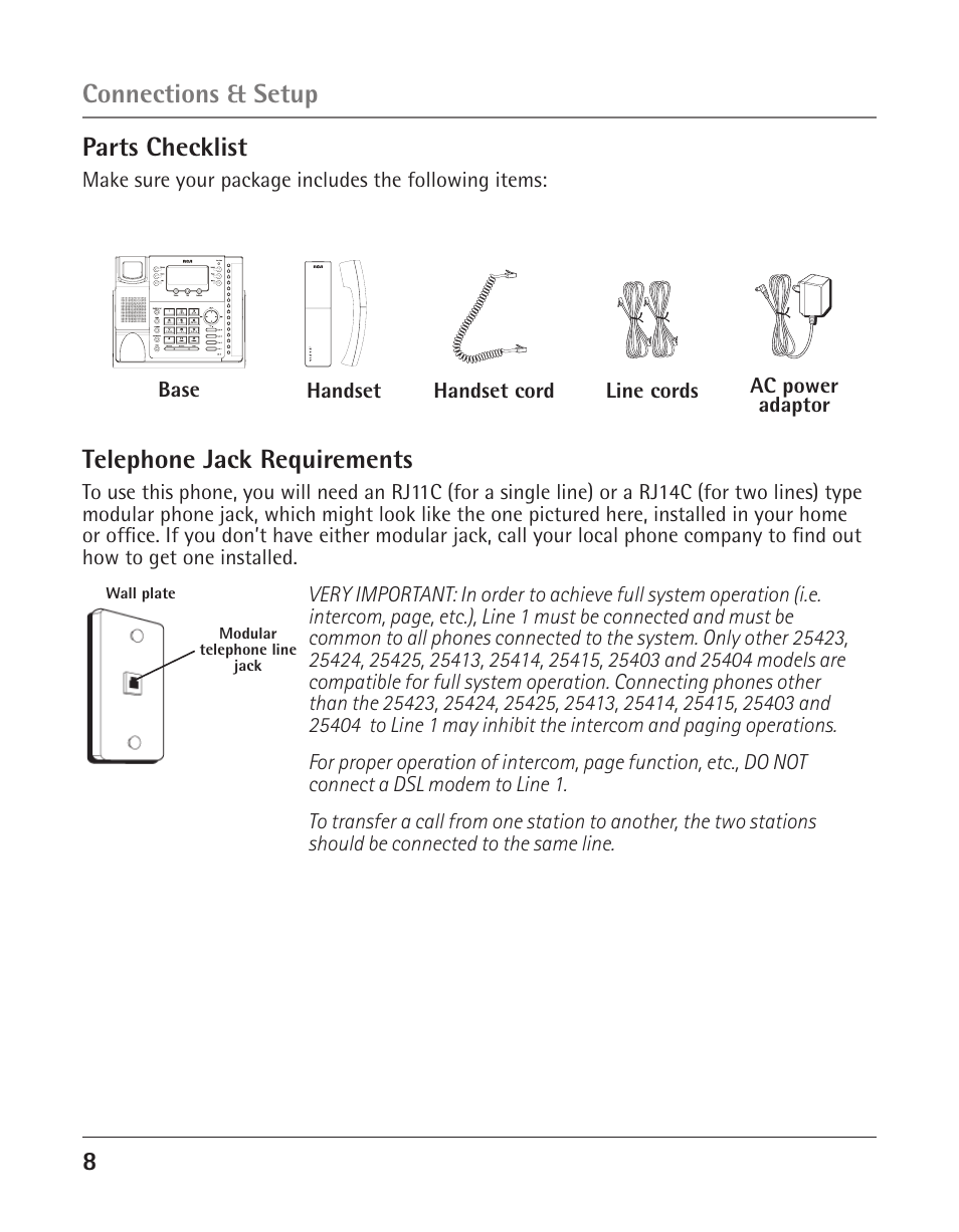 Parts checklist, Telephone jack requirements, Connections & setup | RCA 25423 User Manual | Page 8 / 44