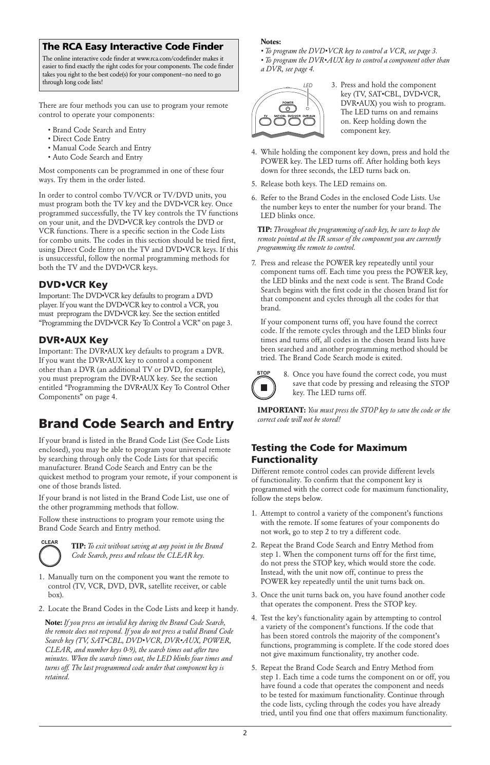 Brand code search and entry, Dvd•vcr key, Dvr•aux key | Testing the code for maximum functionality, The rca easy interactive code finder | RCA RCR4258 User Manual | Page 2 / 6