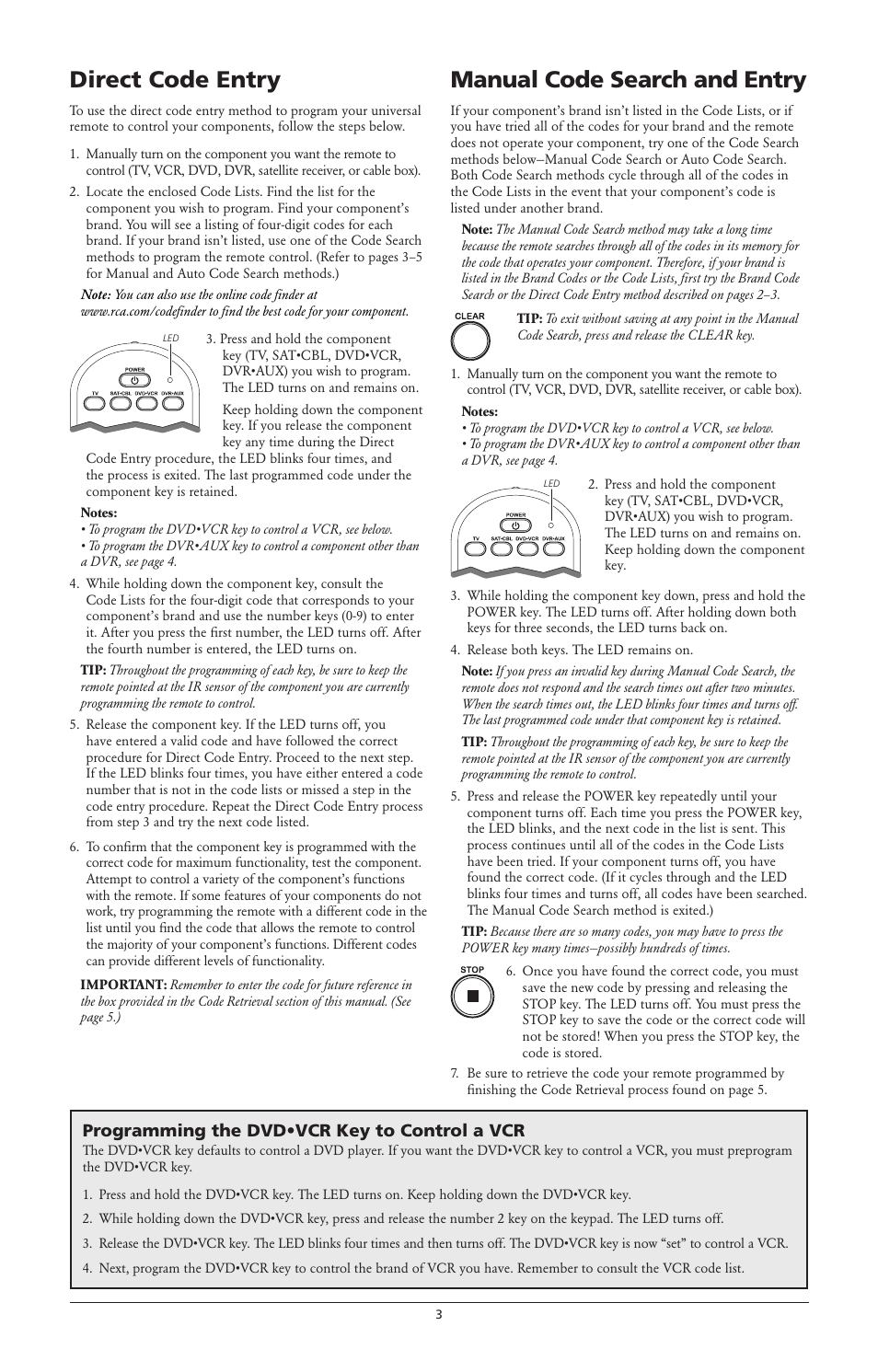 Direct code entry, Manual code search and entry, Programming the dvd•vcr key to control a vcr | RCA RCR4258 User Manual | Page 3 / 6