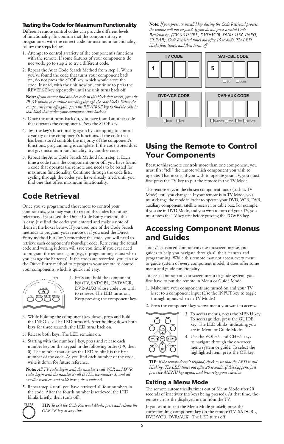 Code retrieval, Using the remote to control your components, Accessing component menus and guides | Testing the code for maximum functionality, Exiting a menu mode | RCA RCR4258 User Manual | Page 5 / 6