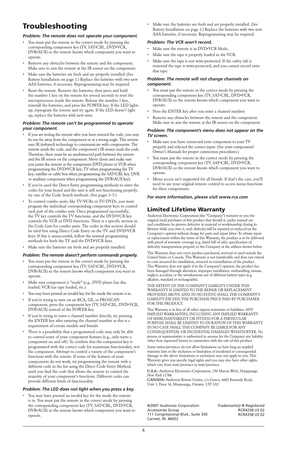 Troubleshooting, Limited lifetime warranty | RCA RCR4258 User Manual | Page 6 / 6