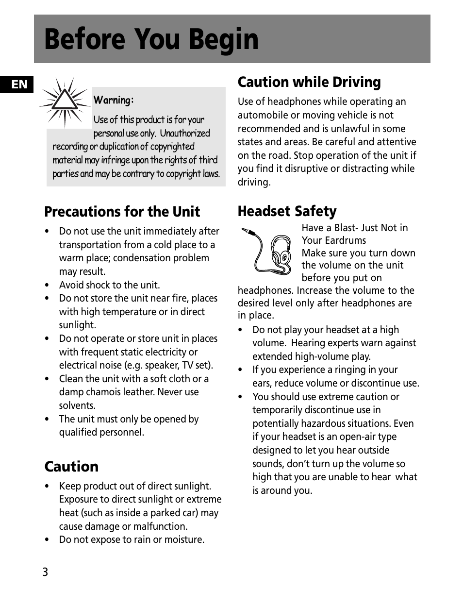 Before you begin, Precautions for the unit, Caution | Caution while driving, Headset safety | RCA MC2601 User Manual | Page 12 / 49