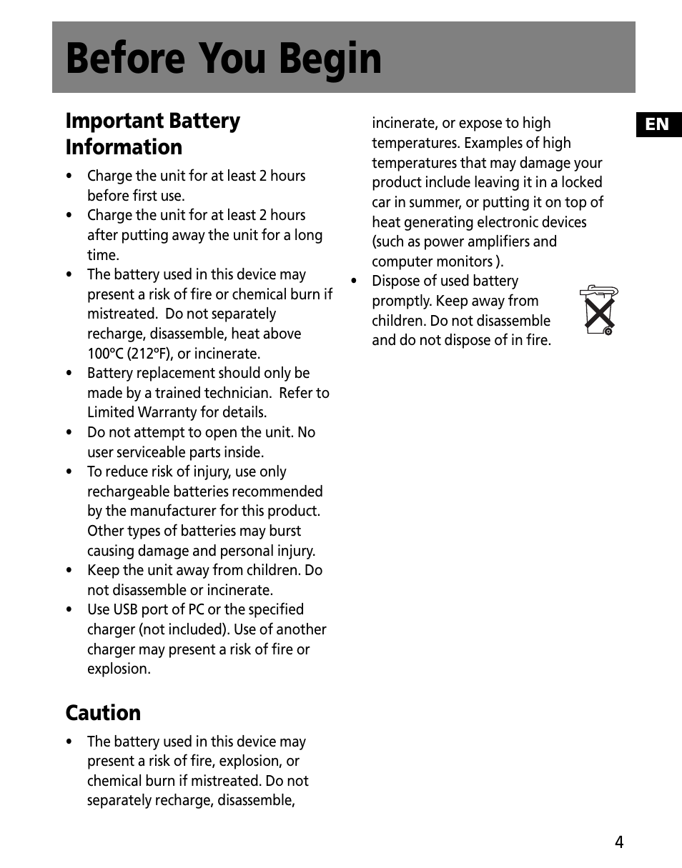 Before you begin, Important battery information, Caution | RCA MC2601 User Manual | Page 13 / 49