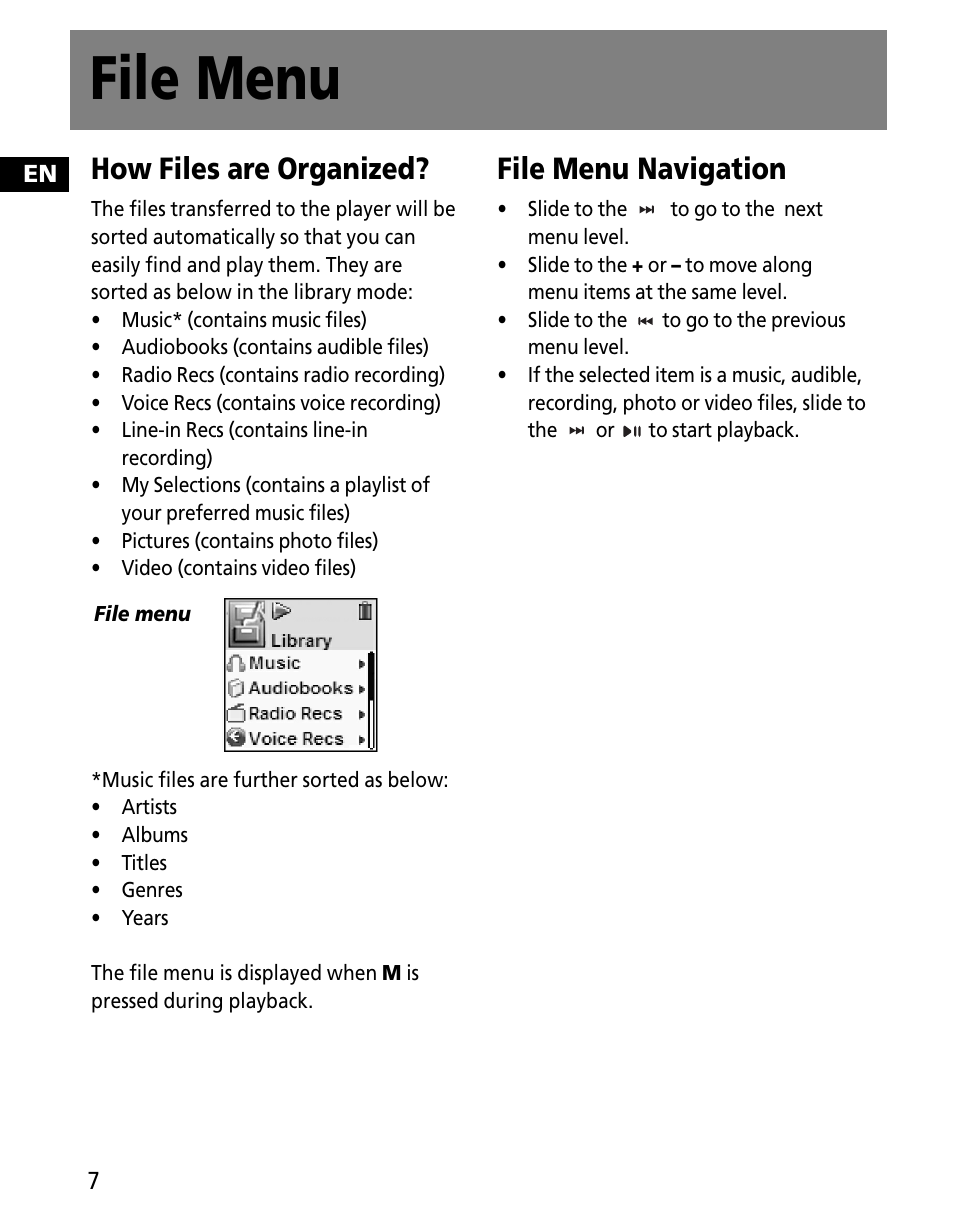File menu, How files are organized, File menu navigation | RCA MC2601 User Manual | Page 16 / 49