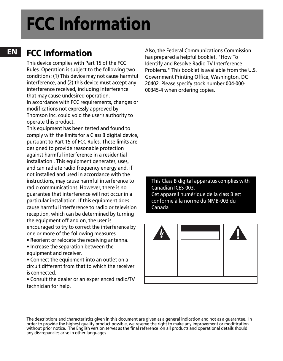 Fcc information | RCA MC2601 User Manual | Page 2 / 49