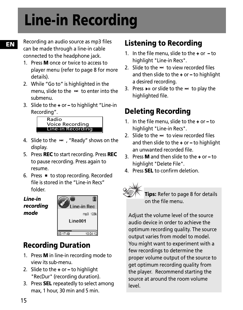 Line-in recording, Recording duration, Listening to recording | Deleting recording | RCA MC2601 User Manual | Page 24 / 49