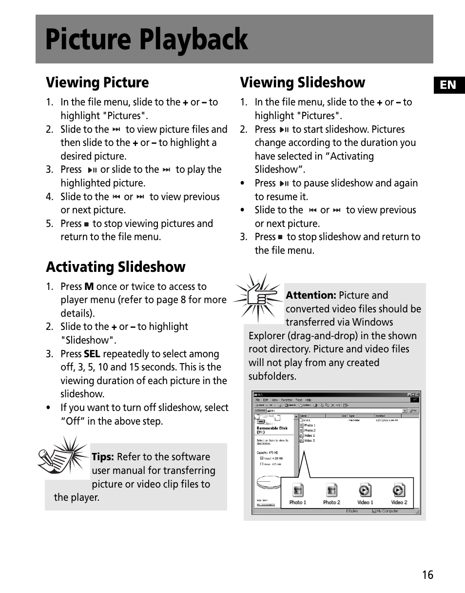 Picture playback, Viewing picture, Activating slideshow | Viewing slideshow | RCA MC2601 User Manual | Page 25 / 49