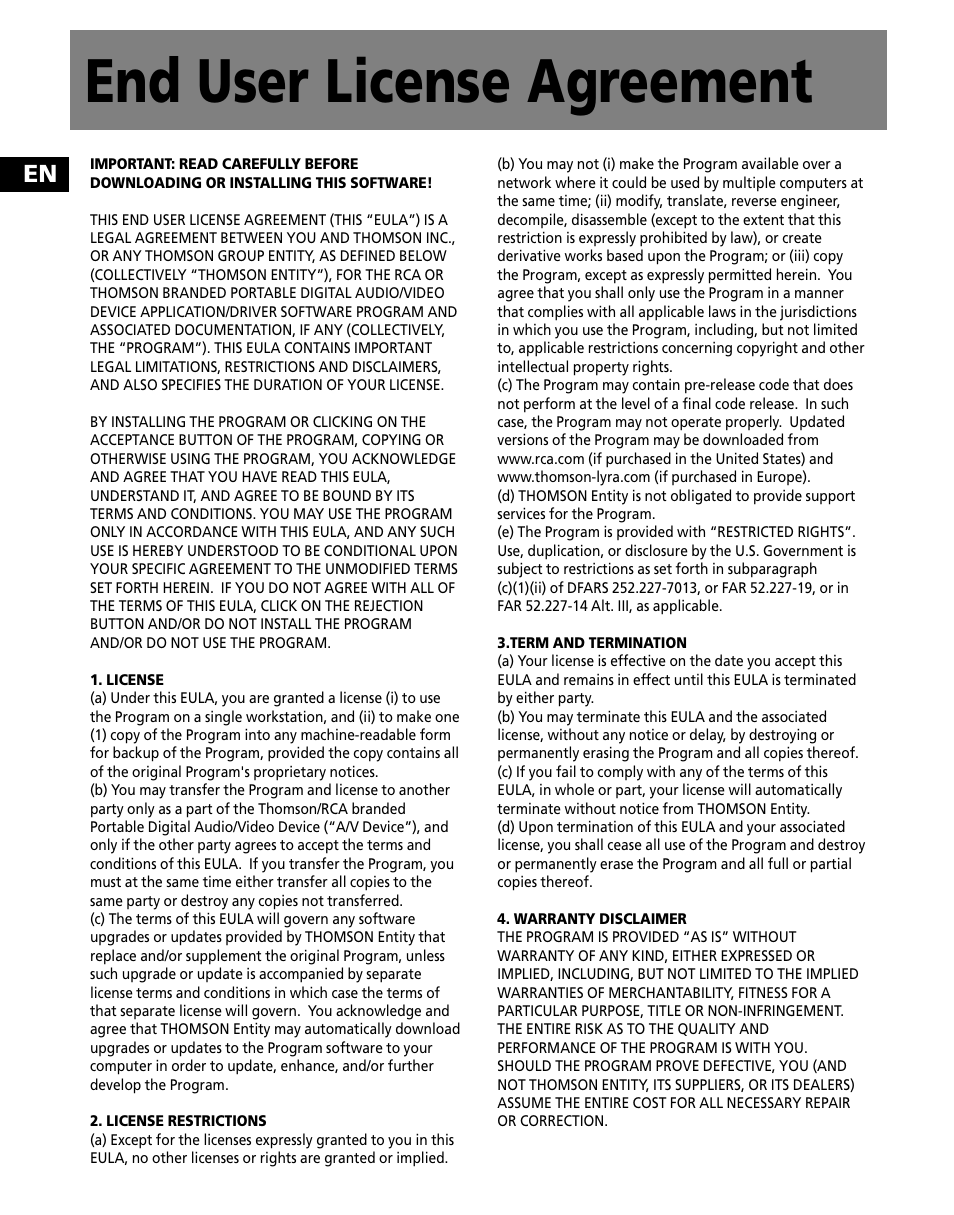 End user license agreement | RCA MC2601 User Manual | Page 34 / 49