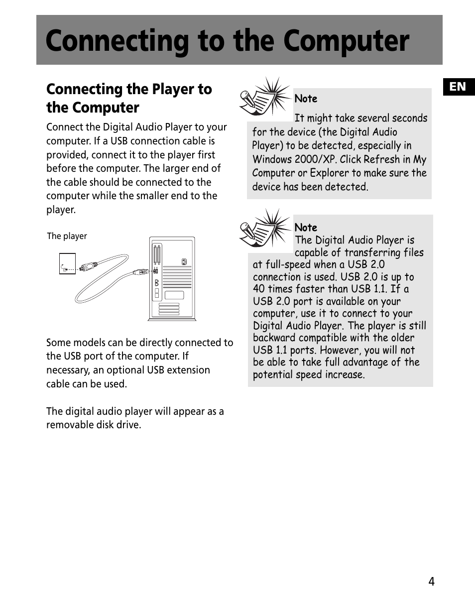 Connecting to the computer, Connecting the player to the computer | RCA MC2601 User Manual | Page 41 / 49