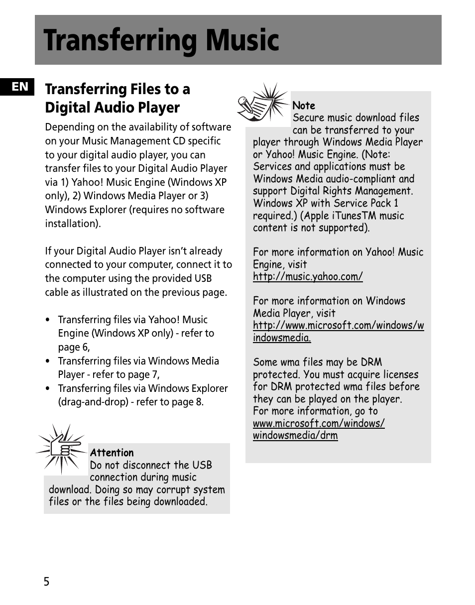 Transferring music, Transferring files to a digital audio player | RCA MC2601 User Manual | Page 42 / 49