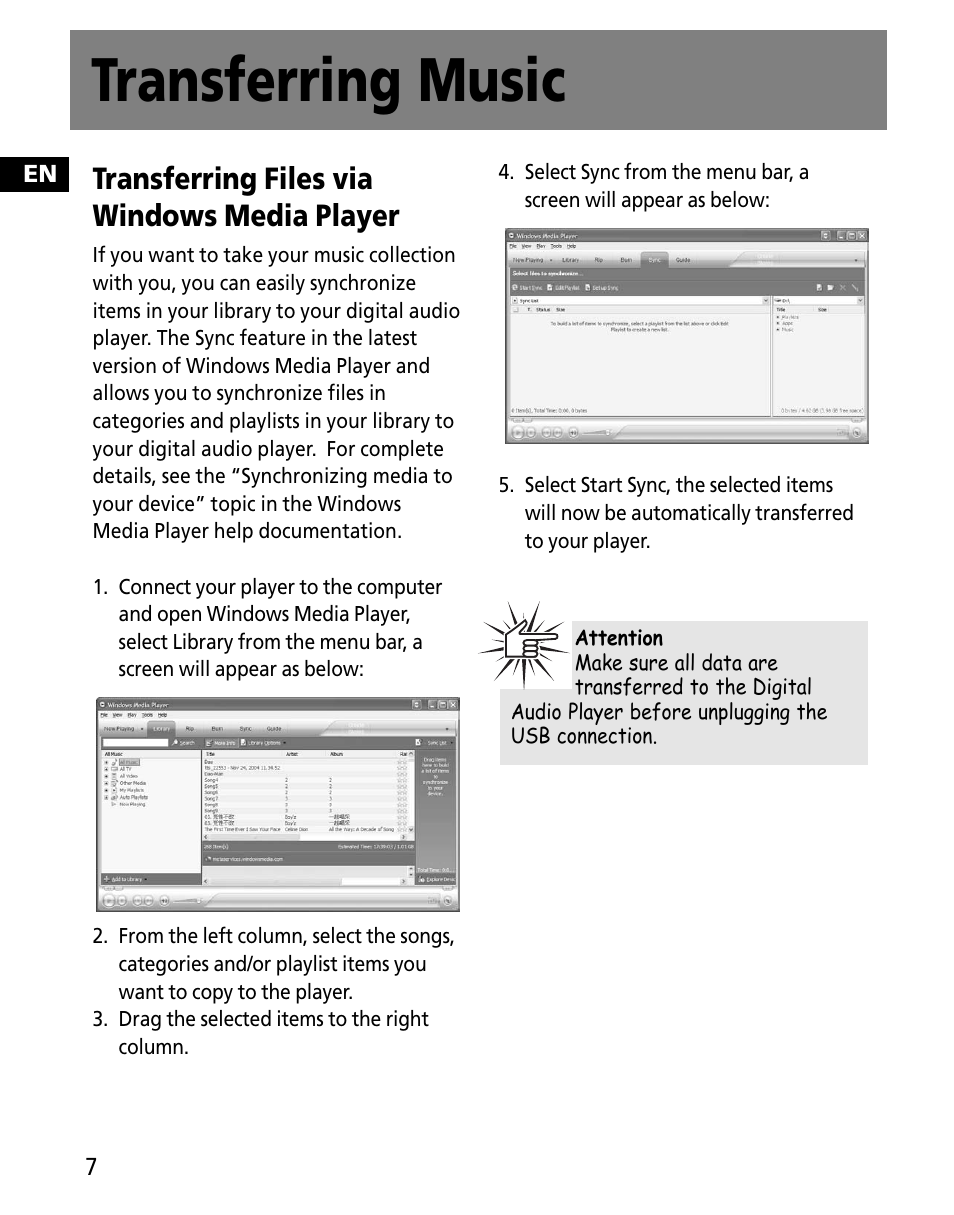 Transferring music, Transferring files via windows media player | RCA MC2601 User Manual | Page 44 / 49