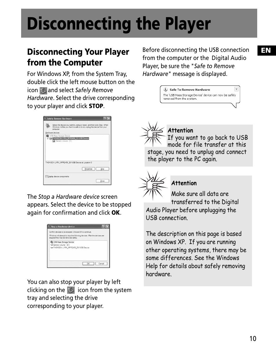 Disconnecting the player, Disconnecting your player from the computer | RCA MC2601 User Manual | Page 47 / 49