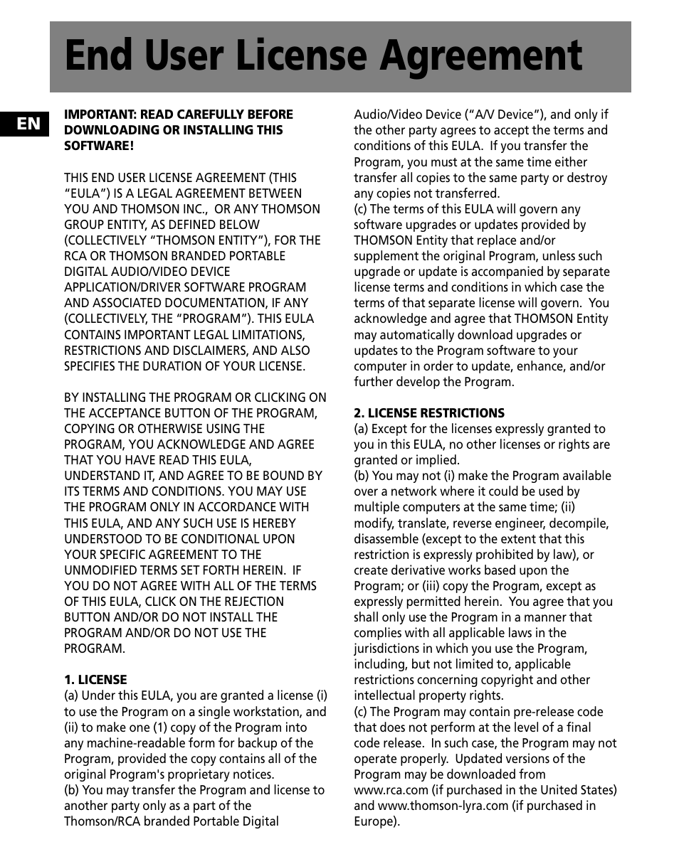 End user license agreement | RCA MC2601 User Manual | Page 6 / 49