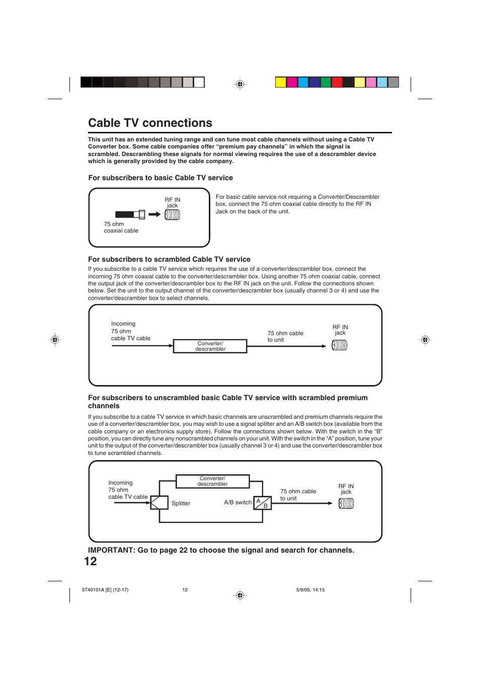 Cable tv connections | RCA TV/VCR/DVD User Manual | Page 12 / 72