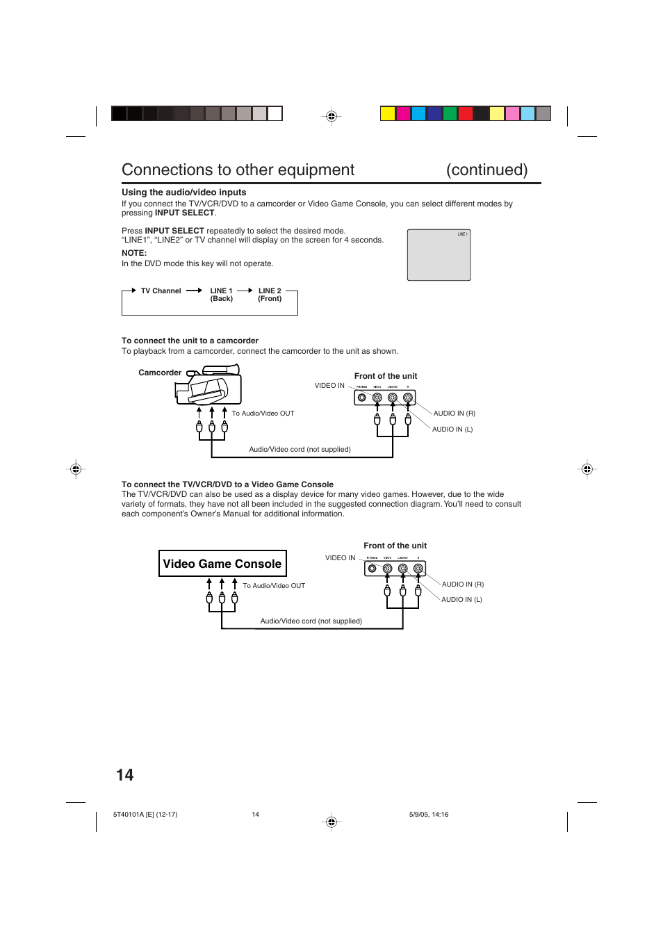 Connections to other equipment (continued), Video game console | RCA TV/VCR/DVD User Manual | Page 14 / 72