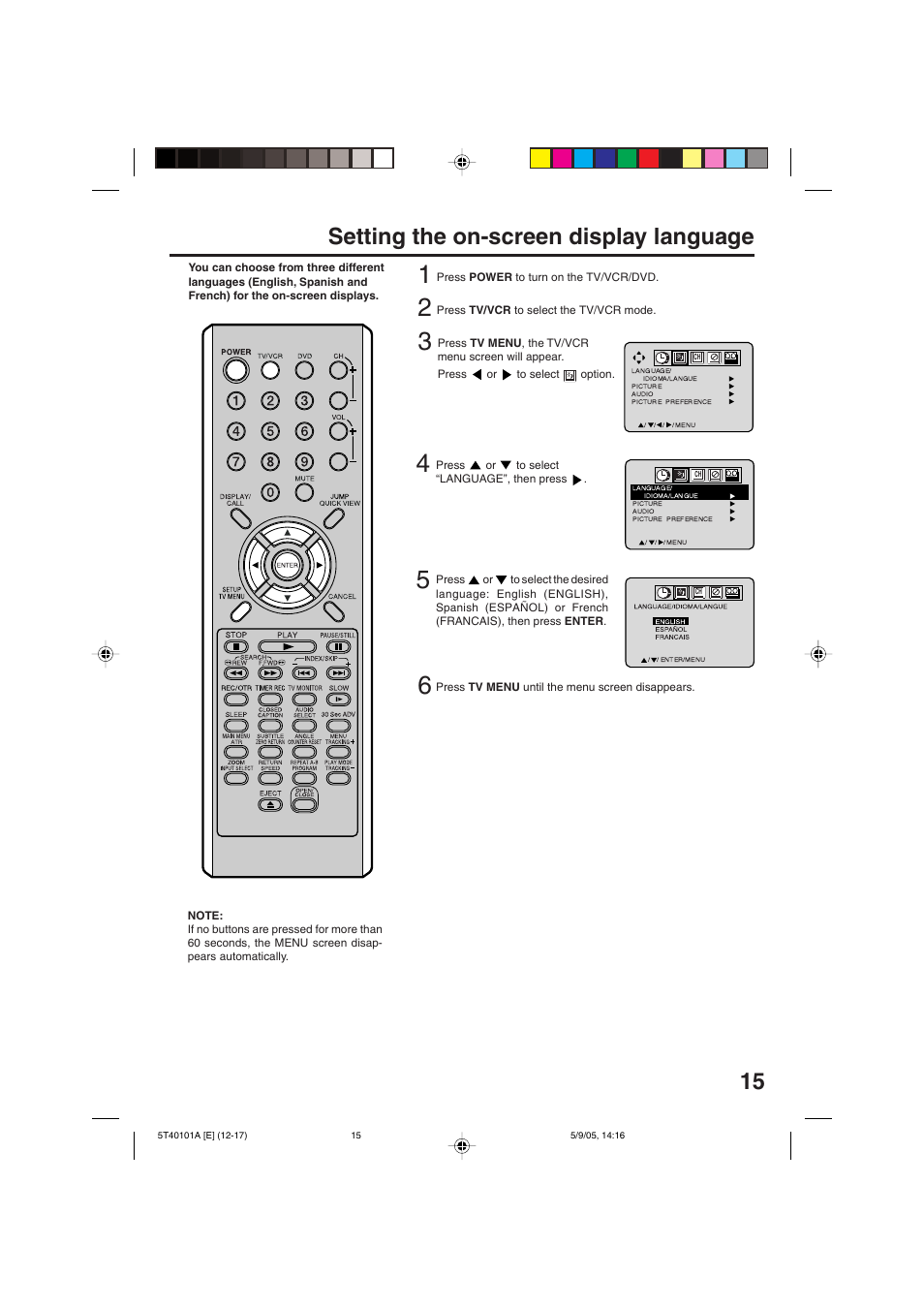 15 setting the on-screen display language | RCA TV/VCR/DVD User Manual | Page 15 / 72