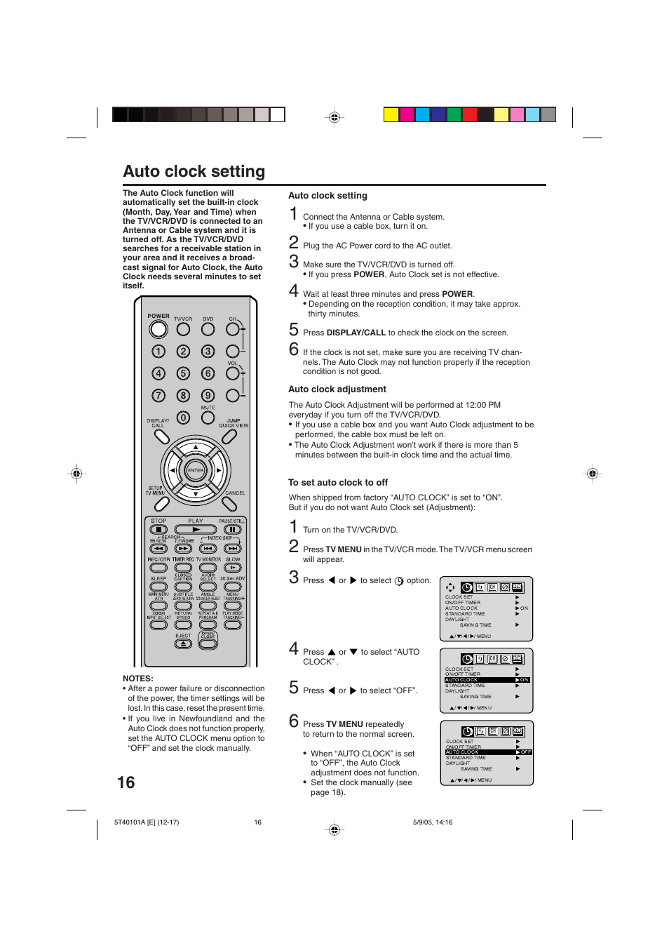 Auto clock setting | RCA TV/VCR/DVD User Manual | Page 16 / 72