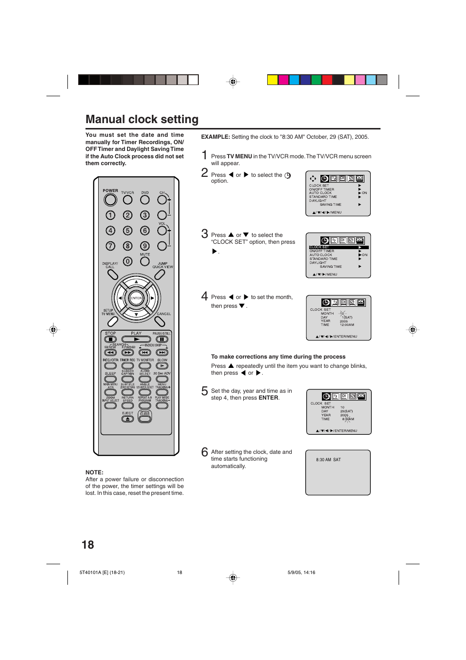 Manual clock setting | RCA TV/VCR/DVD User Manual | Page 18 / 72