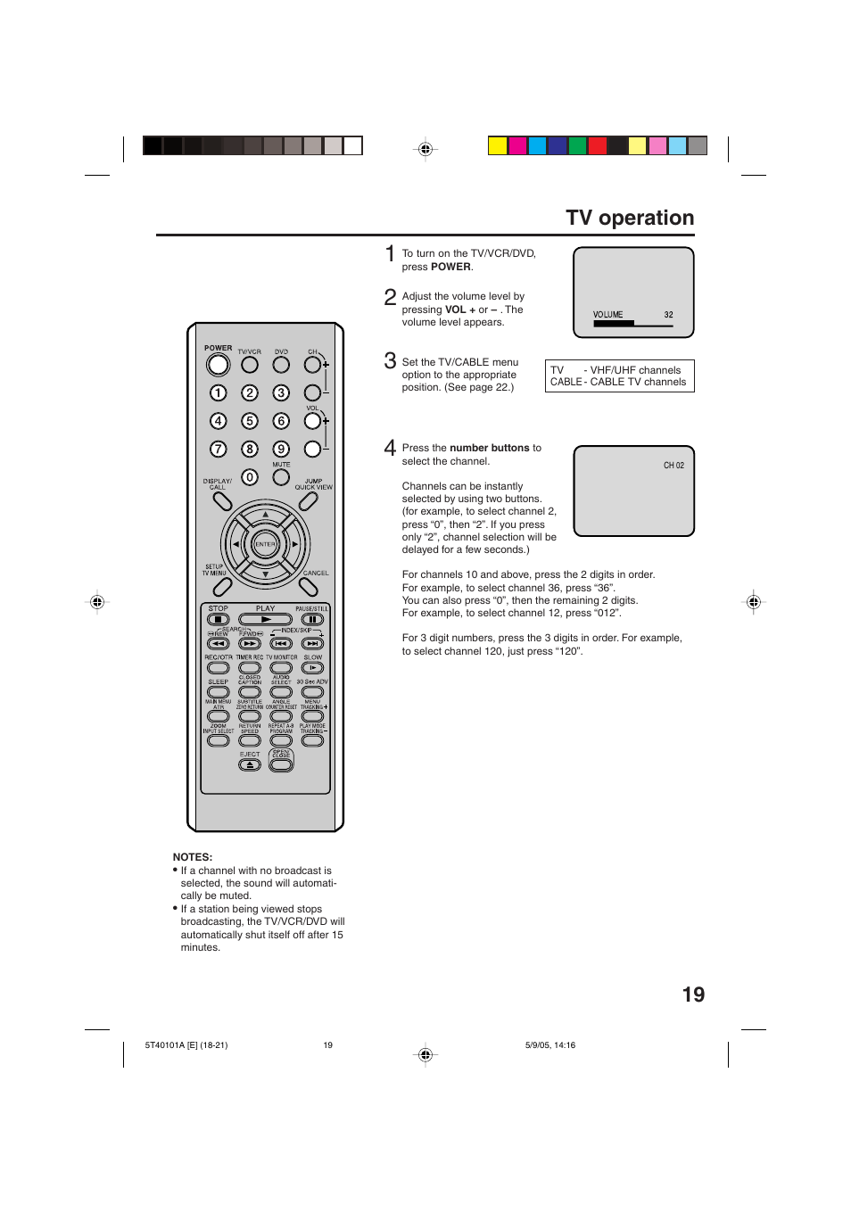 19 tv operation | RCA TV/VCR/DVD User Manual | Page 19 / 72