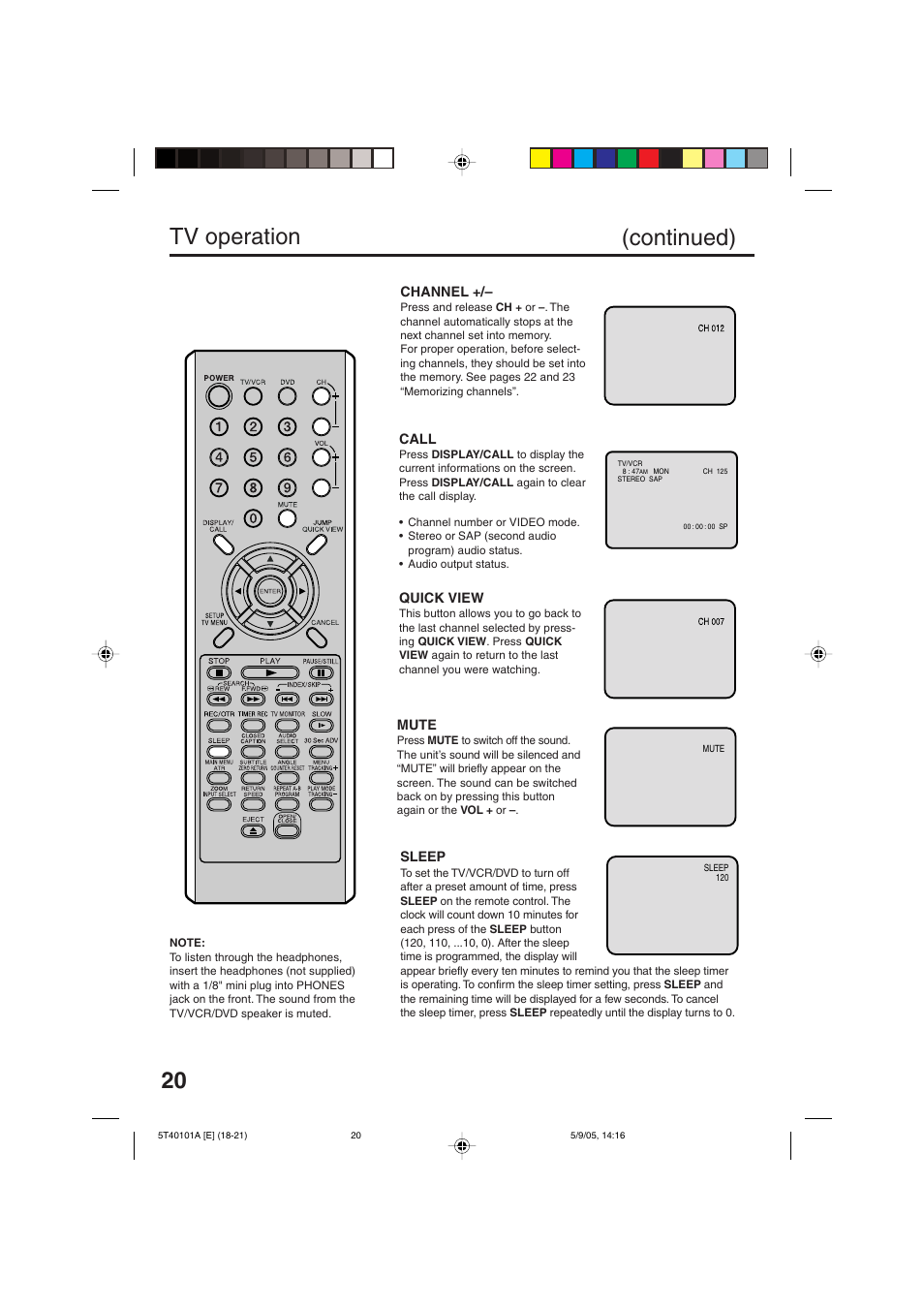 Tv operation (continued) | RCA TV/VCR/DVD User Manual | Page 20 / 72