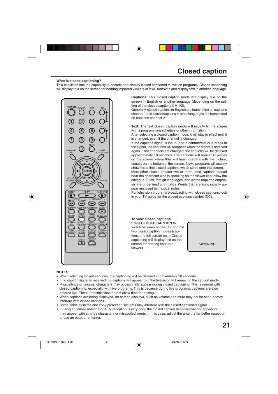 Closed caption | RCA TV/VCR/DVD User Manual | Page 21 / 72