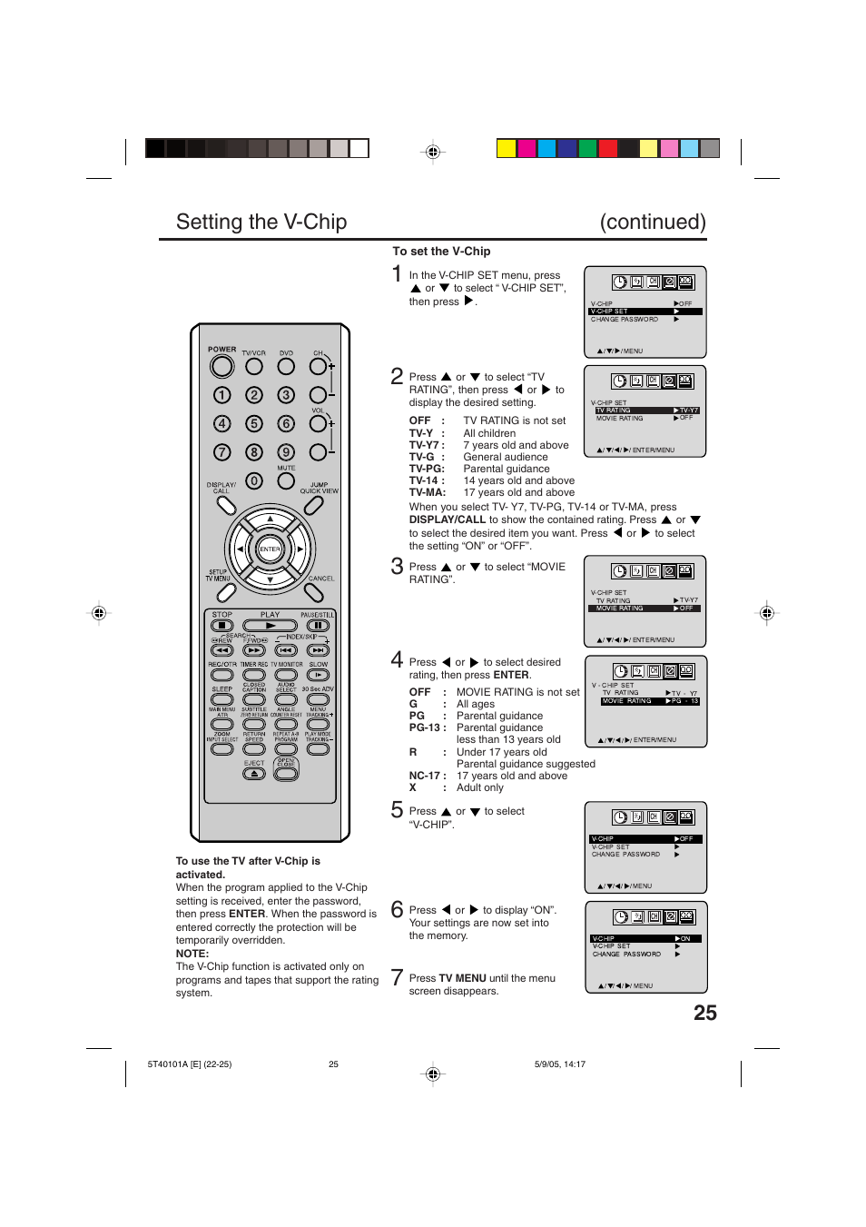 Setting the v-chip (continued) | RCA TV/VCR/DVD User Manual | Page 25 / 72