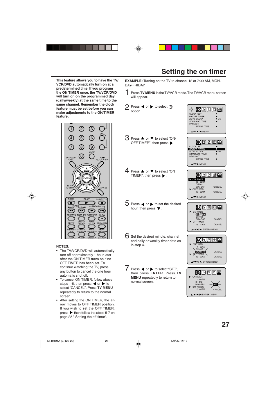 27 setting the on timer | RCA TV/VCR/DVD User Manual | Page 27 / 72