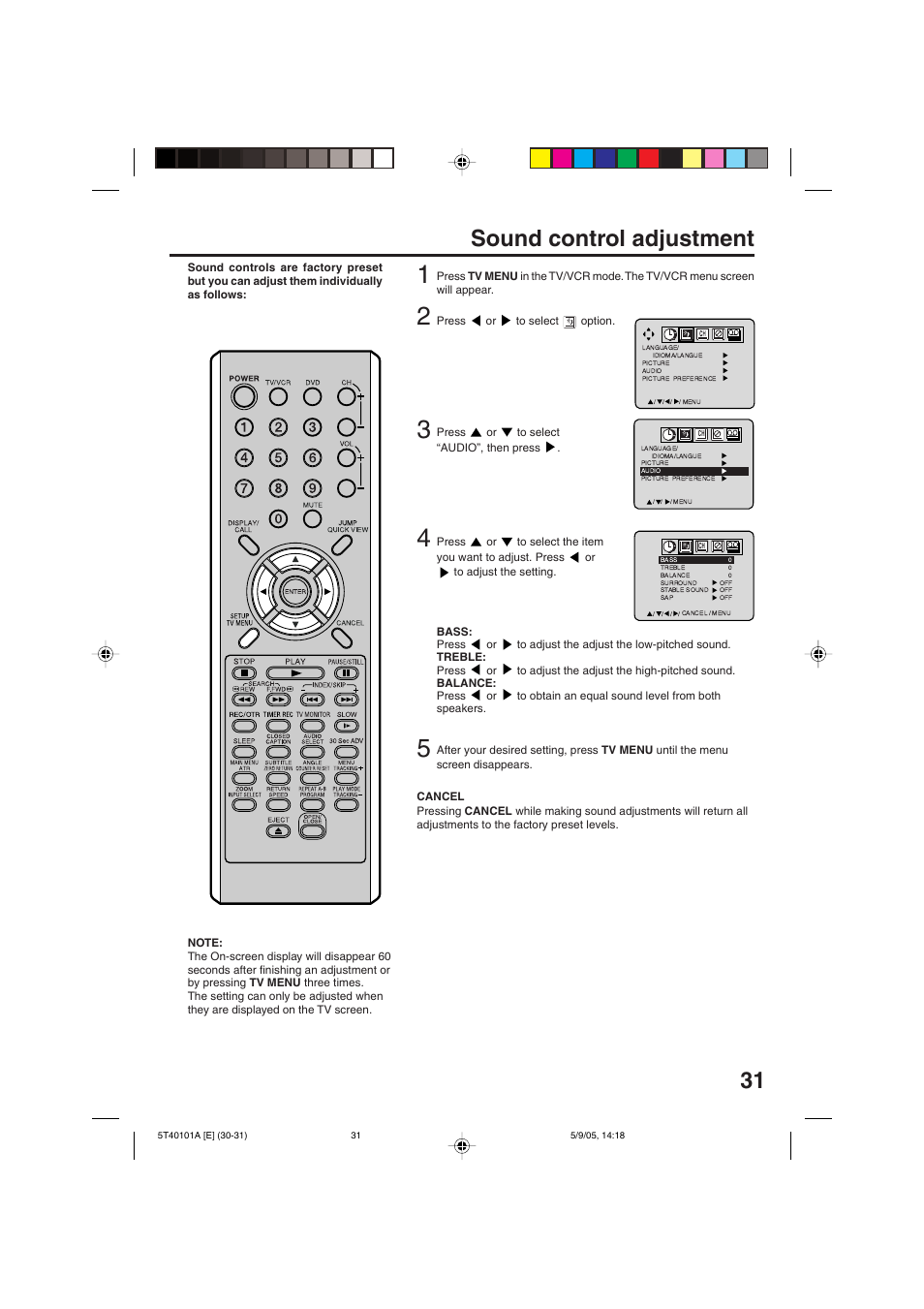 Sound control adjustment | RCA TV/VCR/DVD User Manual | Page 31 / 72