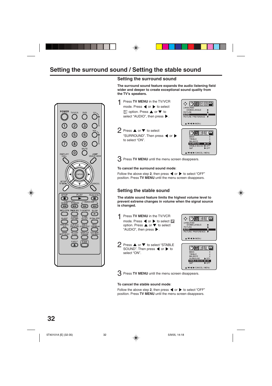Setting the surround sound, Setting the stable sound | RCA TV/VCR/DVD User Manual | Page 32 / 72