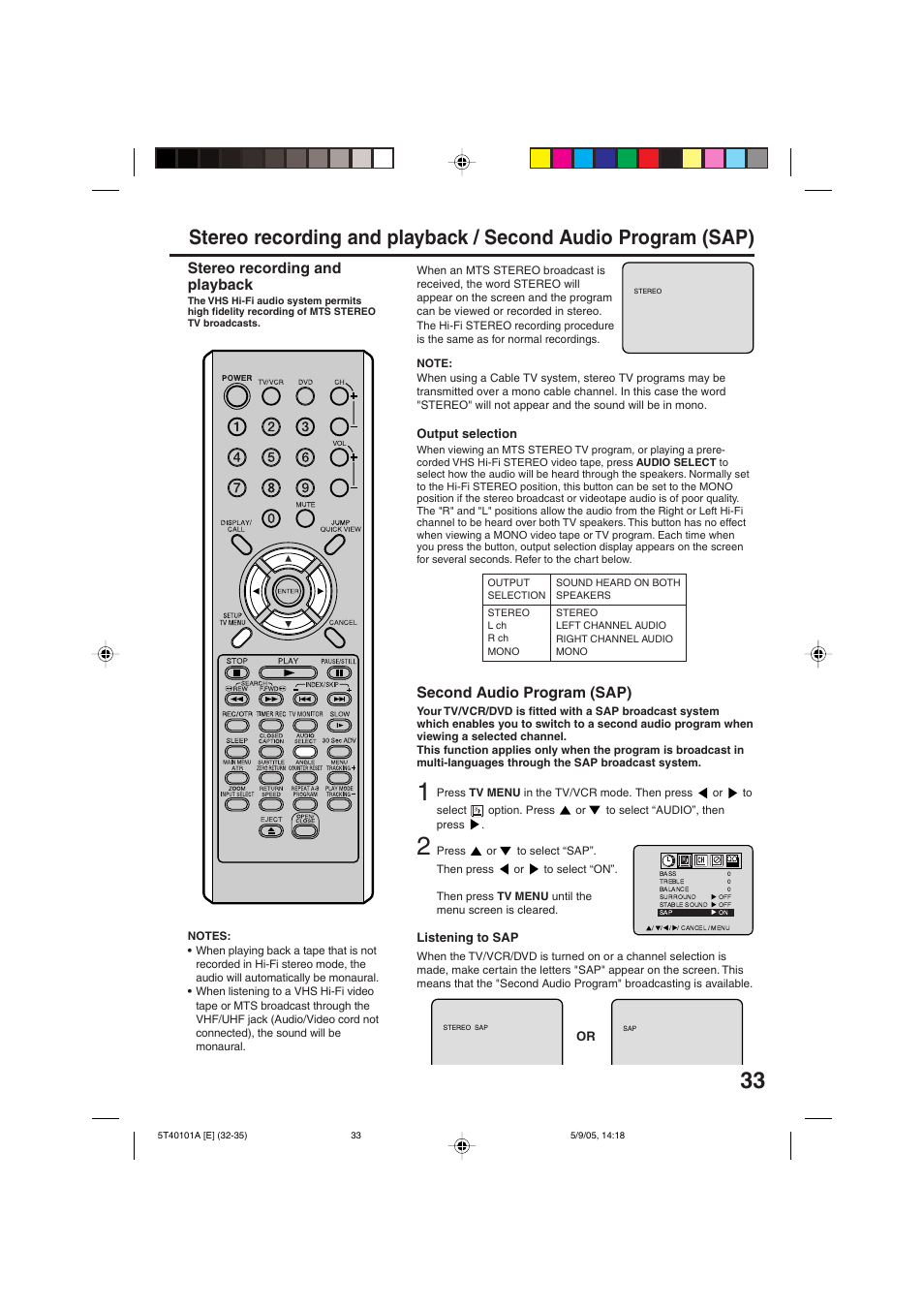 Stereo recording and playback, Second audio program (sap) | RCA TV/VCR/DVD User Manual | Page 33 / 72