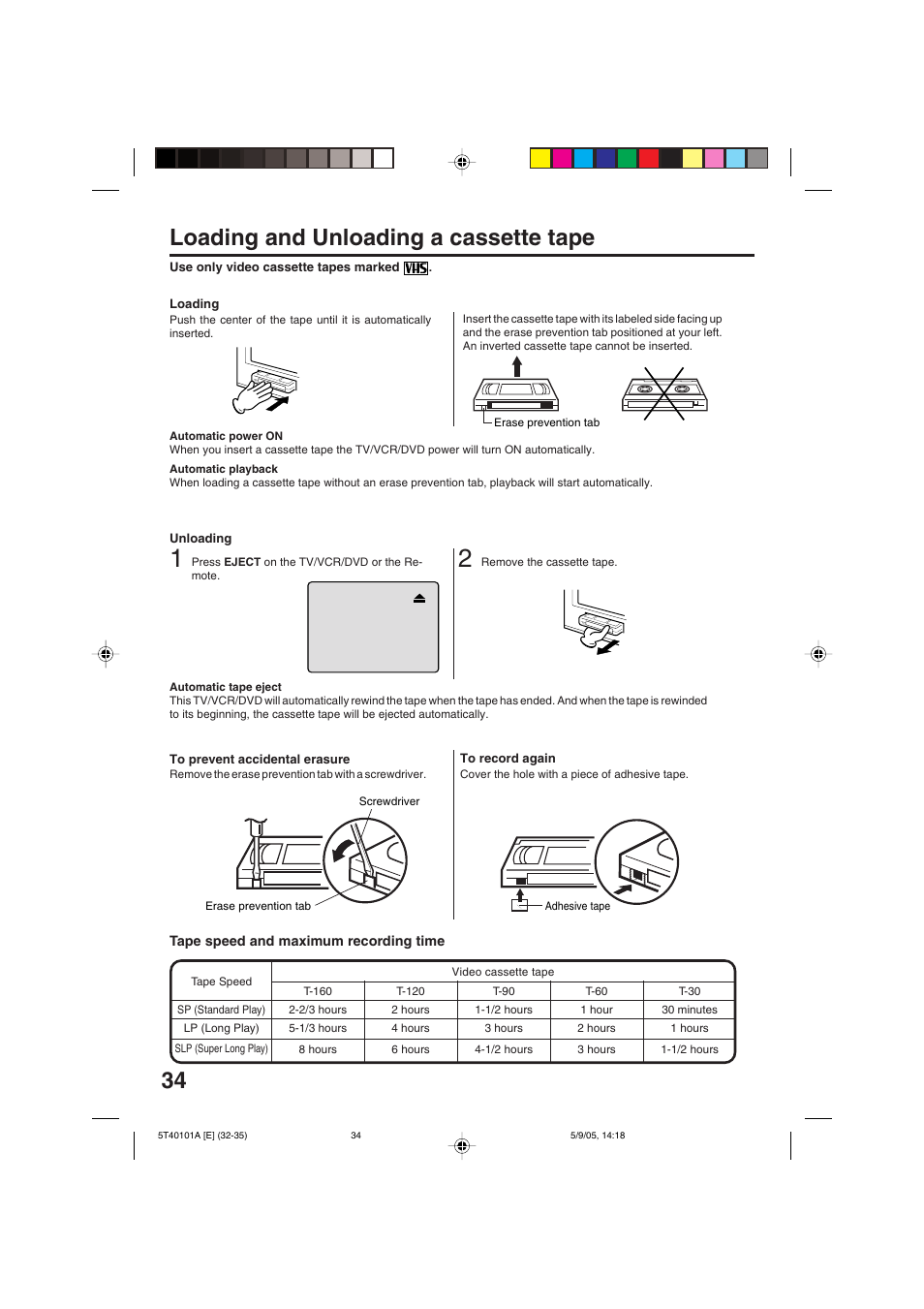 Loading and unloading a cassette tape | RCA TV/VCR/DVD User Manual | Page 34 / 72