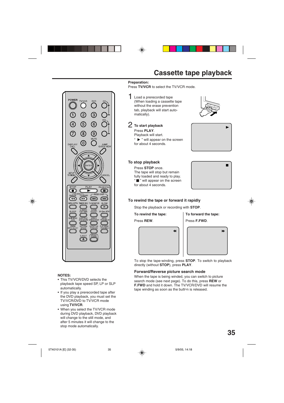 35 cassette tape playback | RCA TV/VCR/DVD User Manual | Page 35 / 72