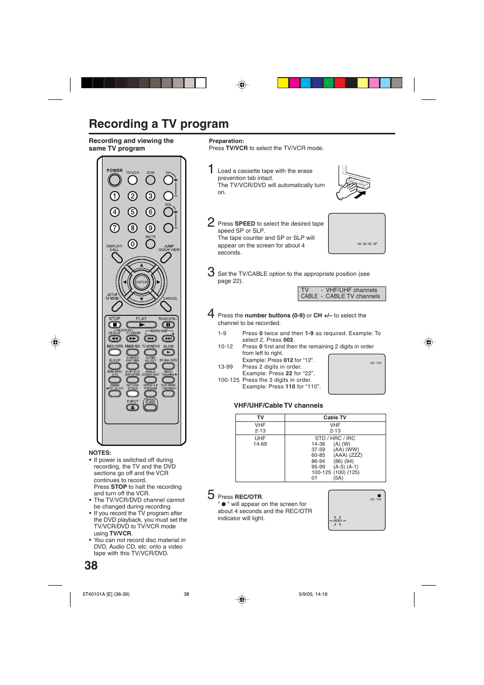 Recording a tv program | RCA TV/VCR/DVD User Manual | Page 38 / 72