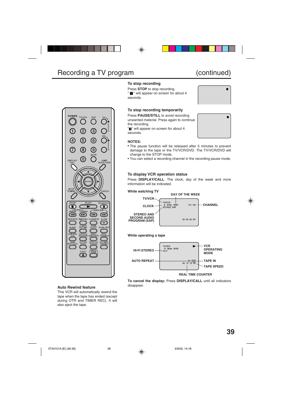 Recording a tv program (continued) | RCA TV/VCR/DVD User Manual | Page 39 / 72