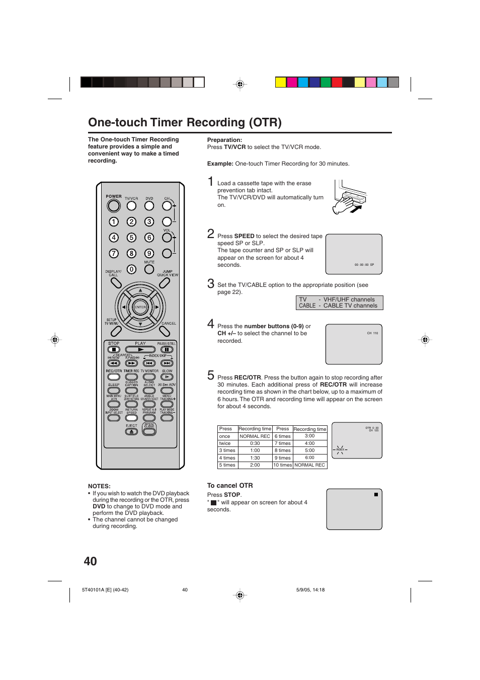 One-touch timer recording (otr) | RCA TV/VCR/DVD User Manual | Page 40 / 72