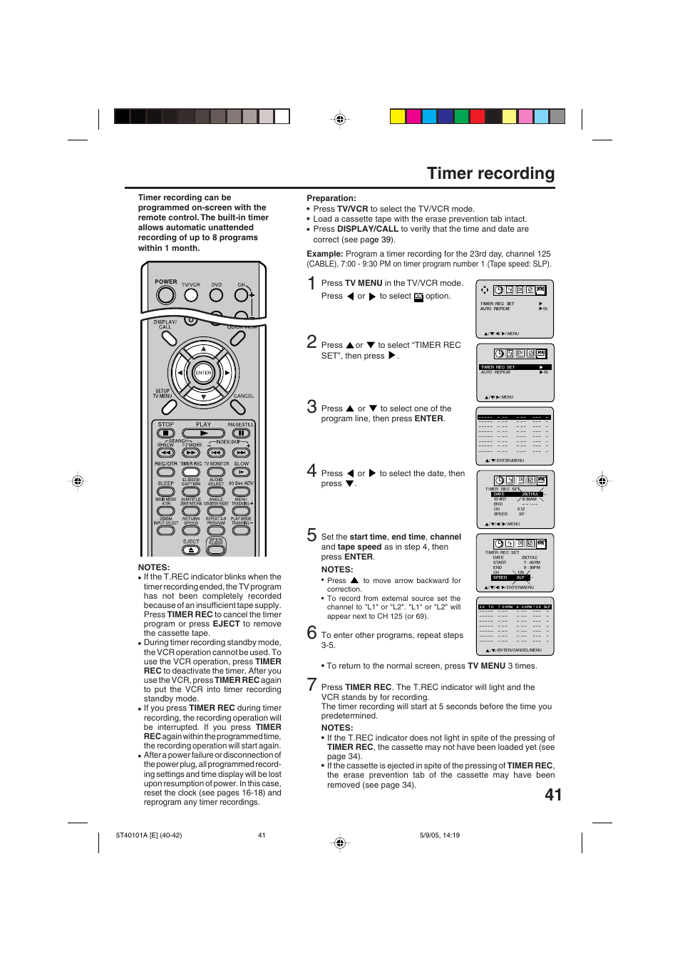 Timer recording | RCA TV/VCR/DVD User Manual | Page 41 / 72