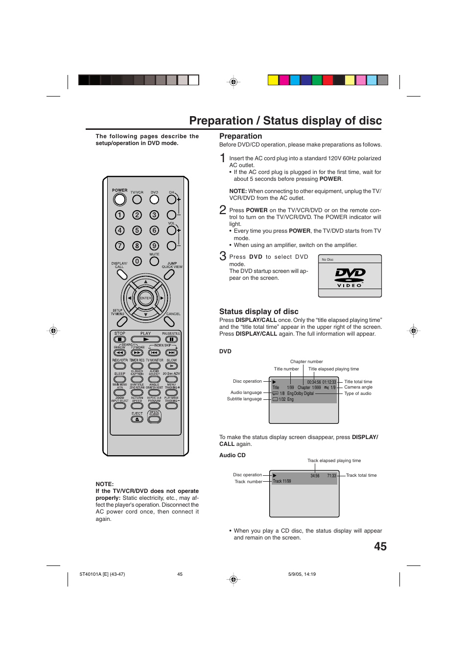45 preparation / status display of disc, Status display of disc, Preparation | RCA TV/VCR/DVD User Manual | Page 45 / 72