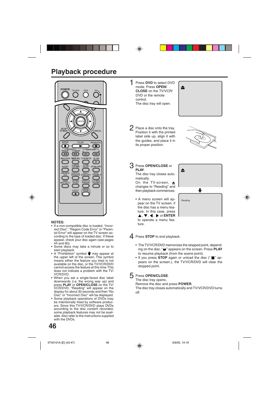 46 playback procedure | RCA TV/VCR/DVD User Manual | Page 46 / 72