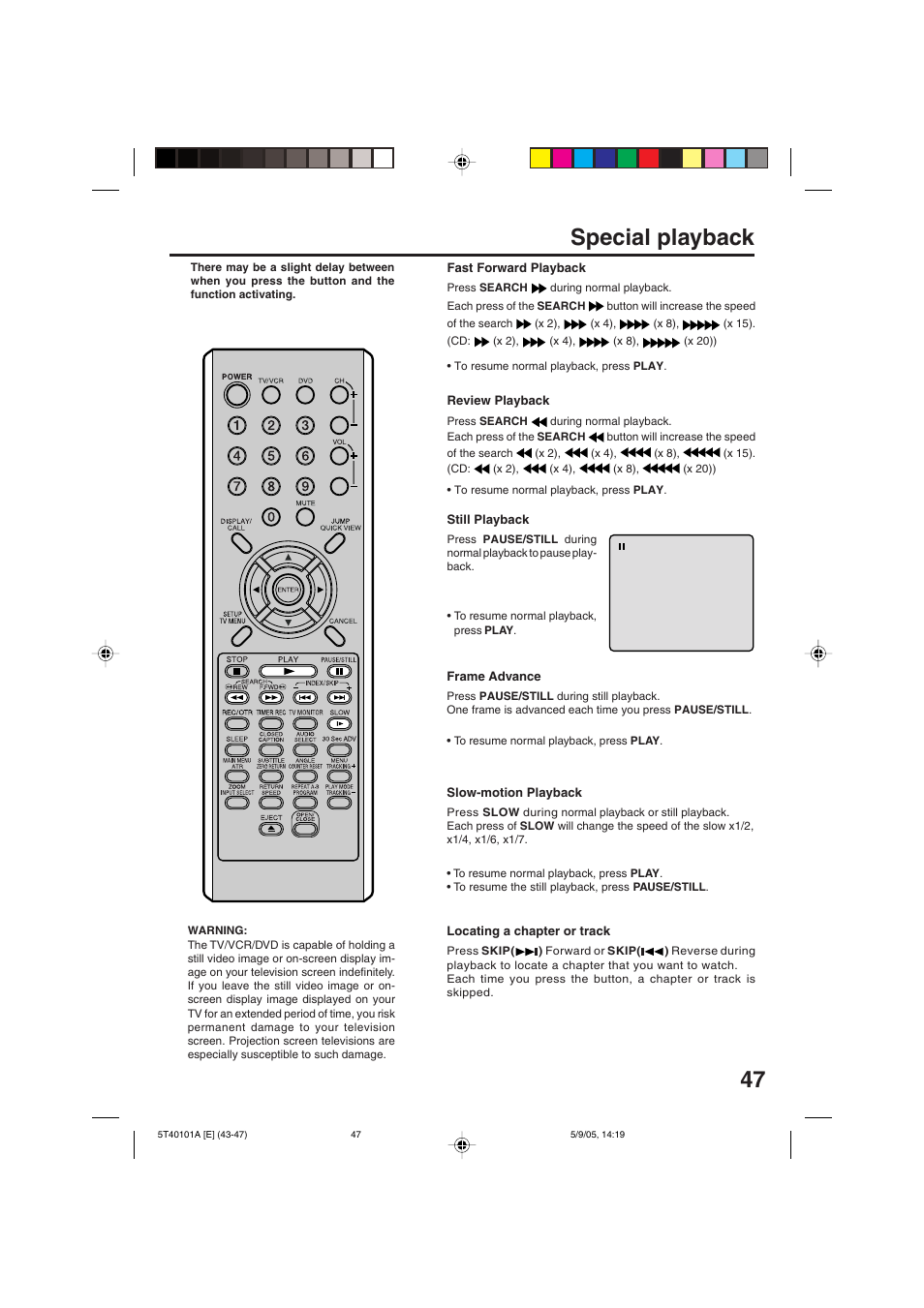 47 special playback | RCA TV/VCR/DVD User Manual | Page 47 / 72