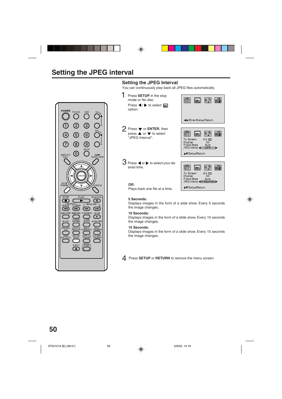 Setting the jpeg interval | RCA TV/VCR/DVD User Manual | Page 50 / 72