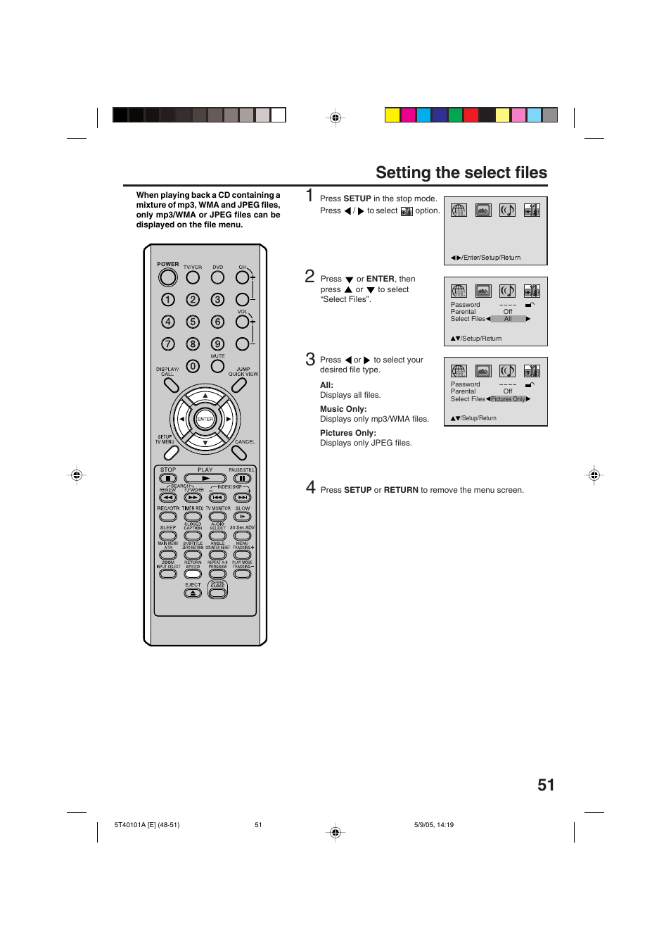 51 setting the select files | RCA TV/VCR/DVD User Manual | Page 51 / 72