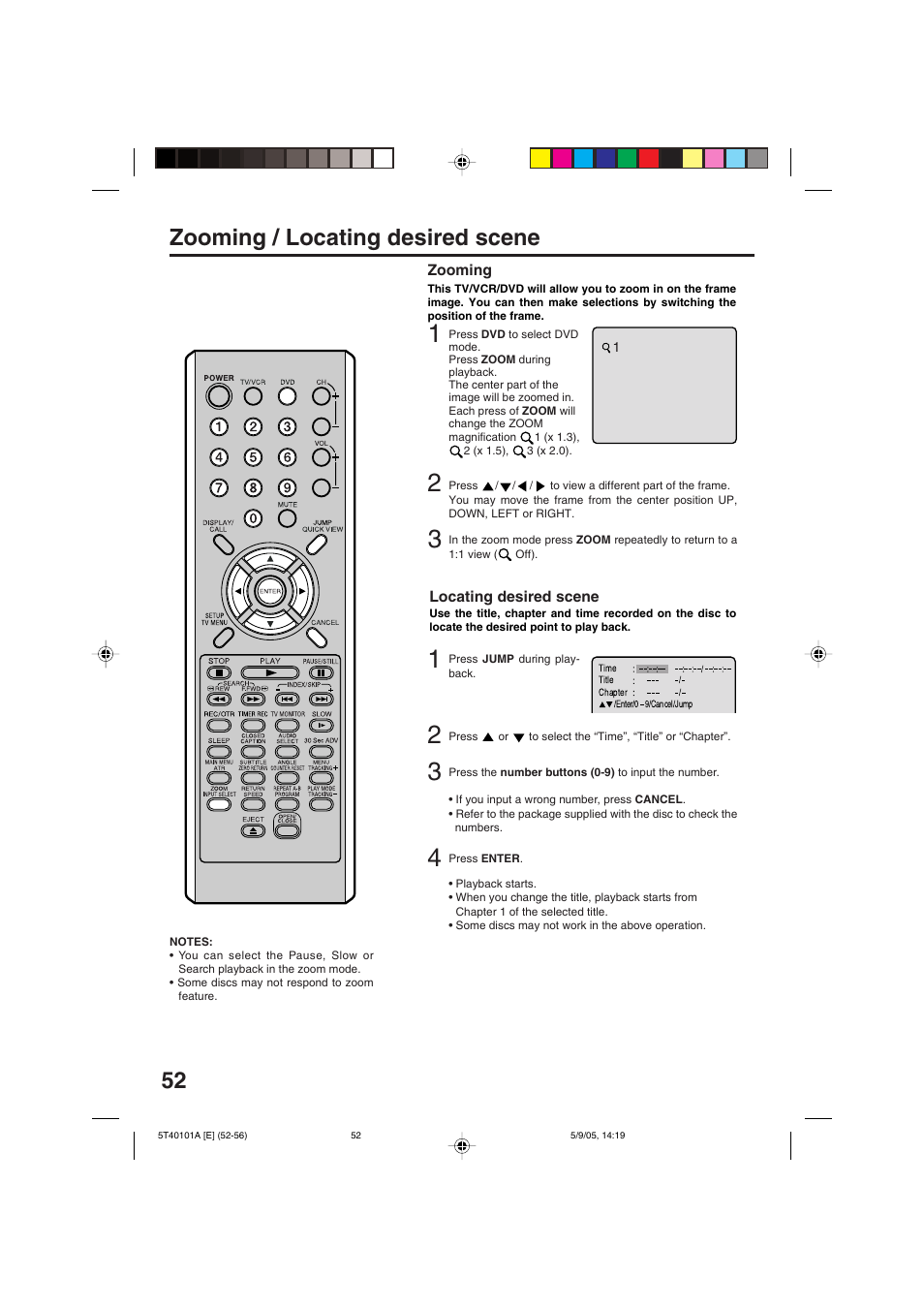 52 zooming / locating desired scene | RCA TV/VCR/DVD User Manual | Page 52 / 72