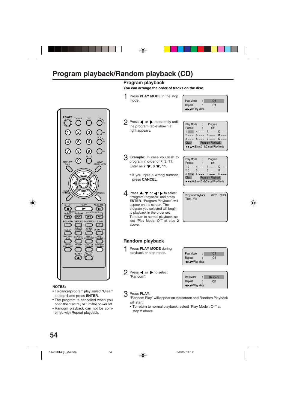 54 program playback/random playback (cd) | RCA TV/VCR/DVD User Manual | Page 54 / 72