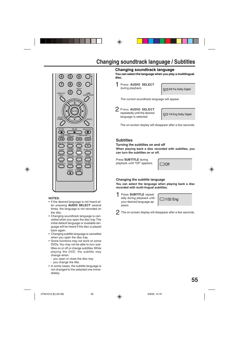 Changing soundtrack language / subtitles | RCA TV/VCR/DVD User Manual | Page 55 / 72