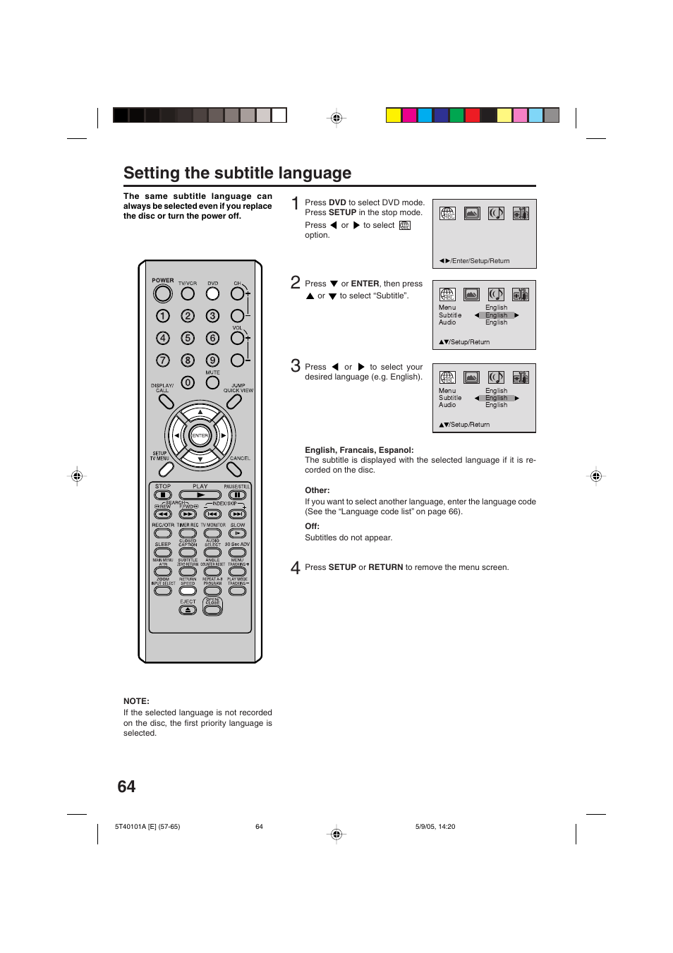 Setting the subtitle language | RCA TV/VCR/DVD User Manual | Page 64 / 72