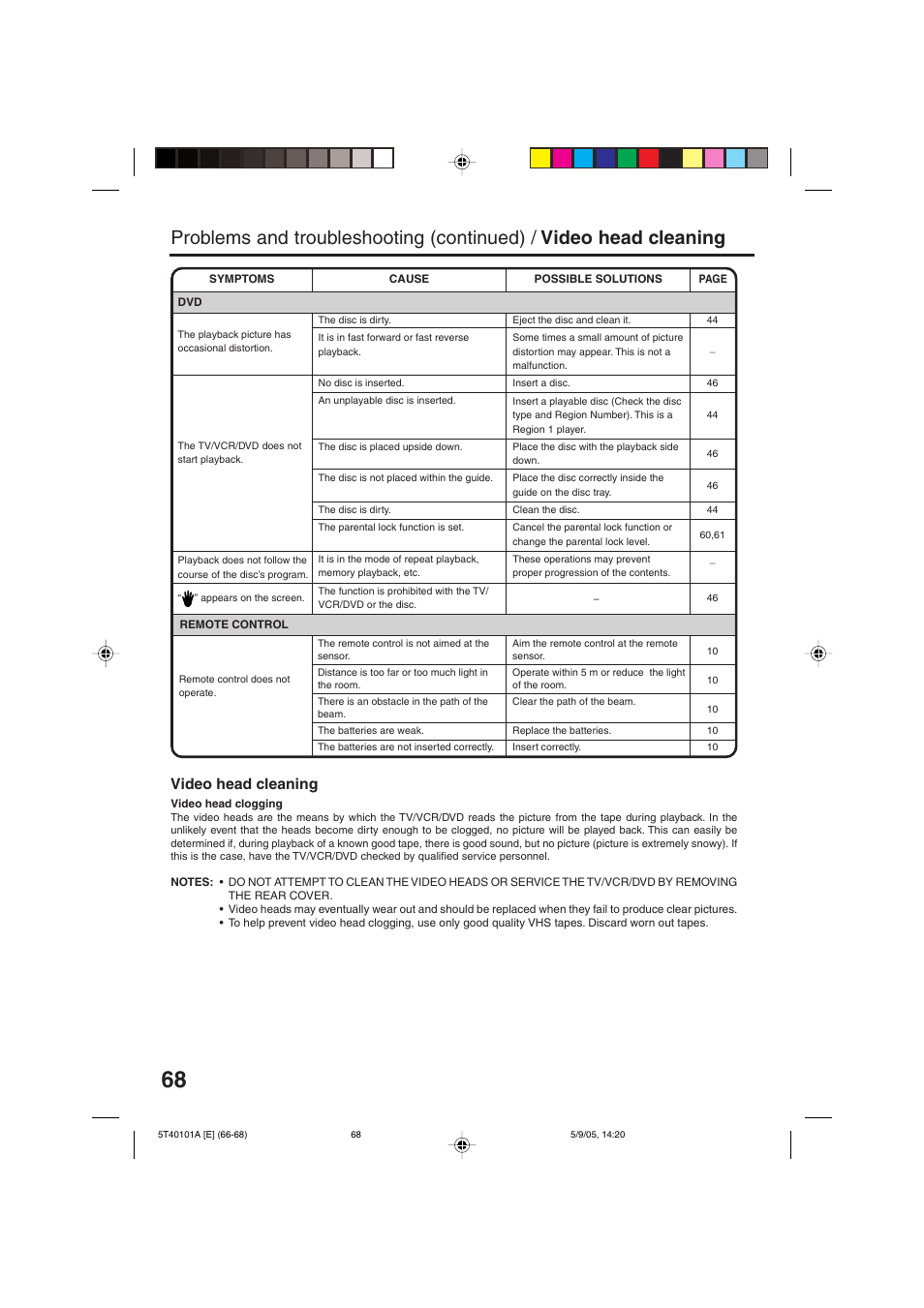 Video head cleaning | RCA TV/VCR/DVD User Manual | Page 68 / 72