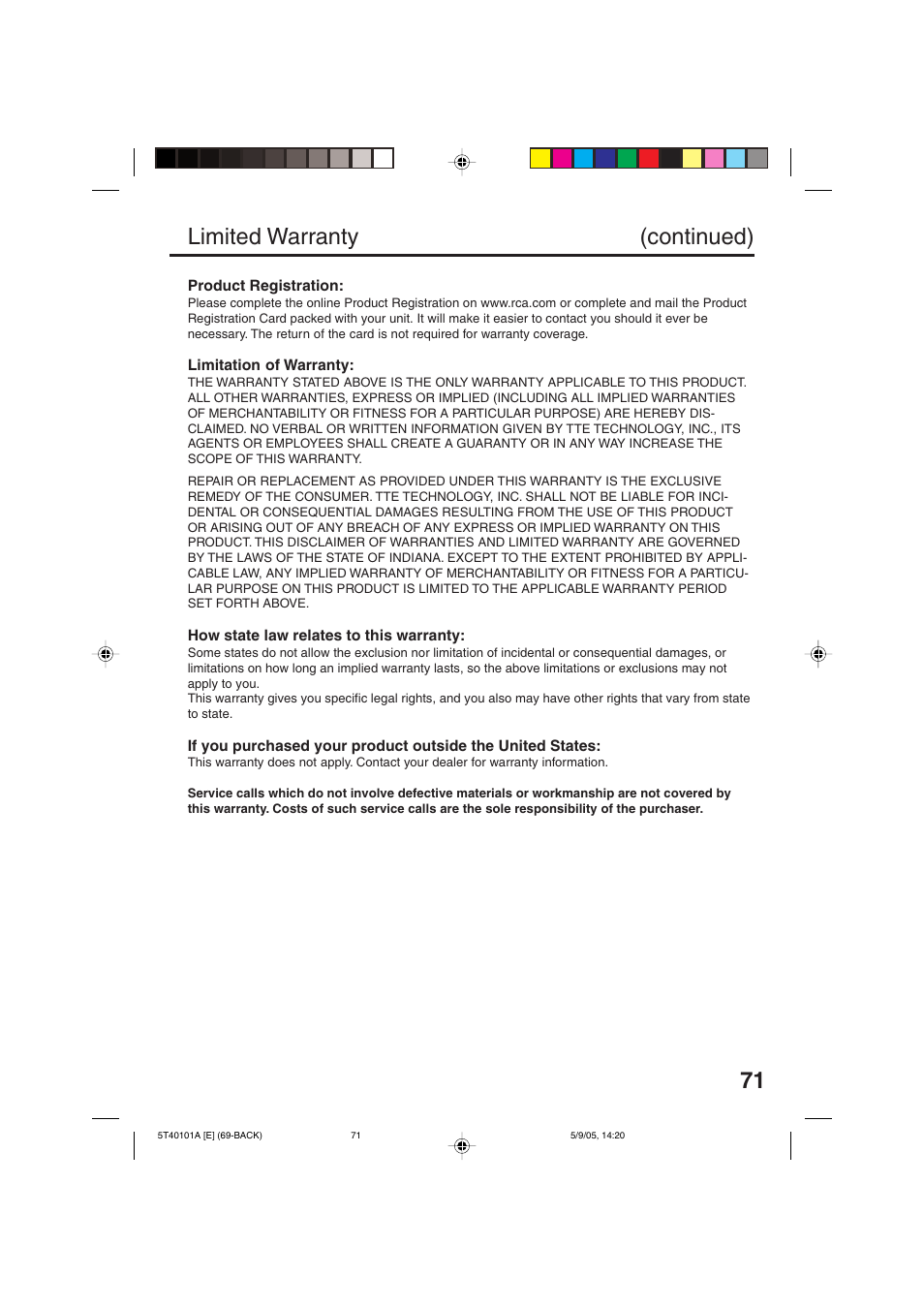 Limited warranty (continued) | RCA TV/VCR/DVD User Manual | Page 71 / 72